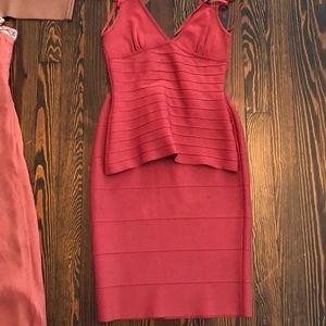 Herve leger coral halter top with matching skirt